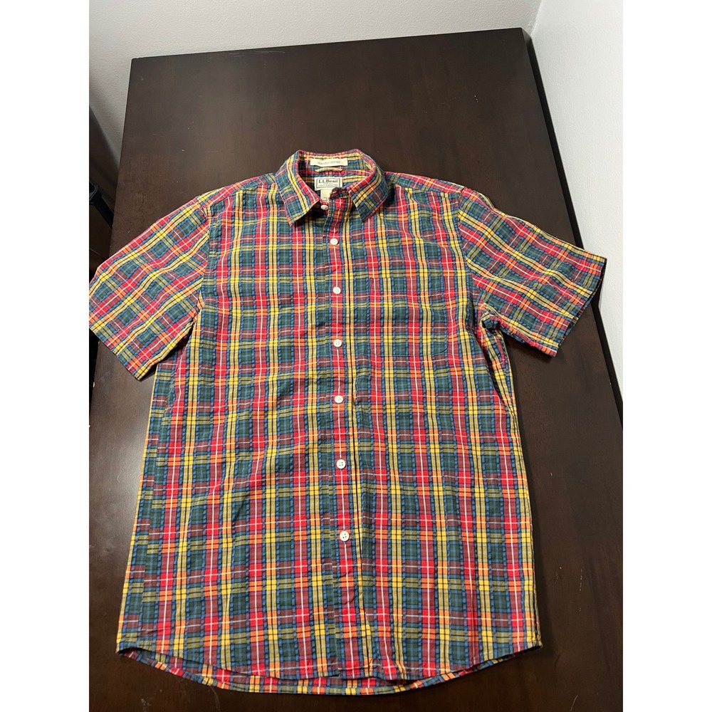 LL Bean Mens Seersucker Plaid Shirt Short Sleeve Slightly Fitted Multi Color S